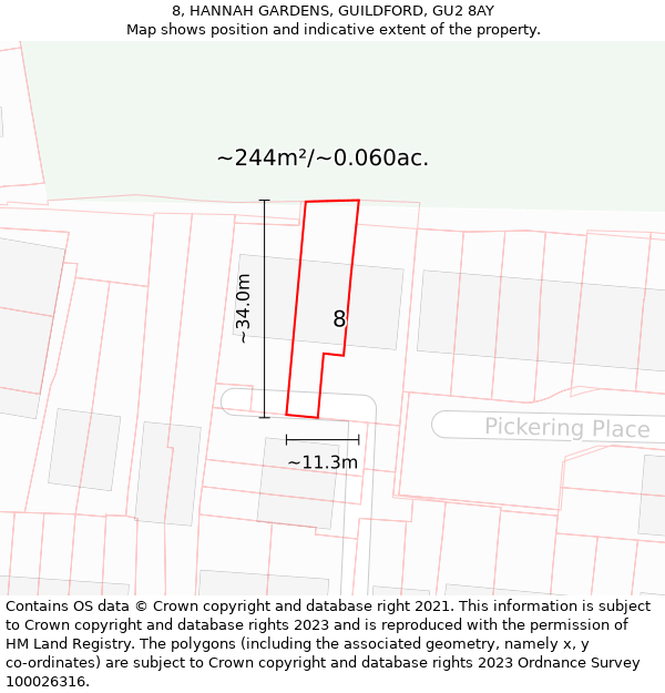 8, HANNAH GARDENS, GUILDFORD, GU2 8AY: Plot and title map