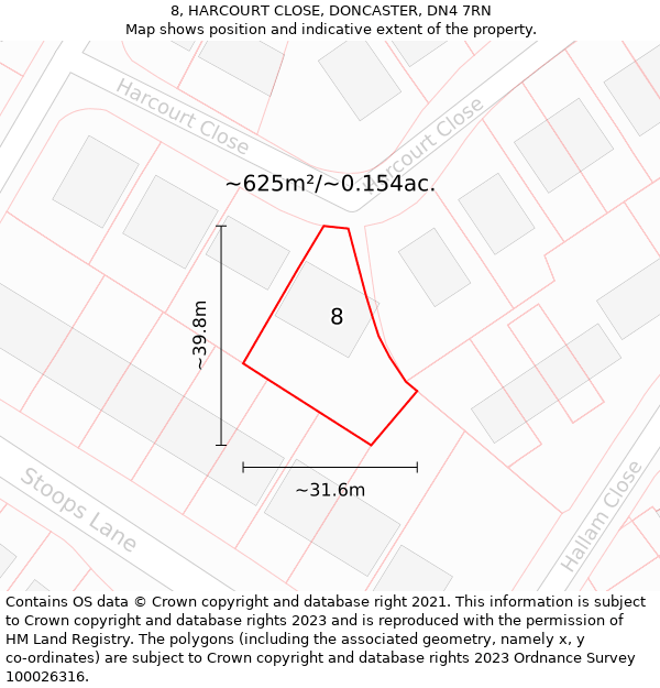 8, HARCOURT CLOSE, DONCASTER, DN4 7RN: Plot and title map