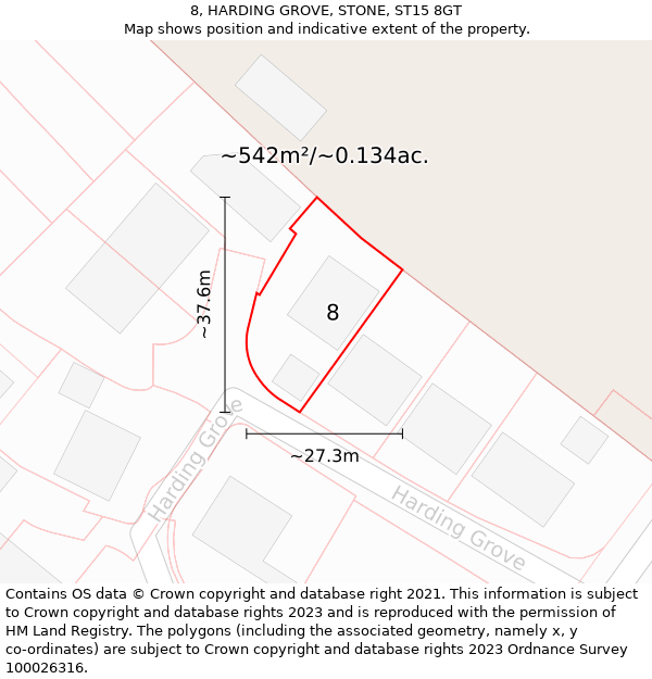 8, HARDING GROVE, STONE, ST15 8GT: Plot and title map