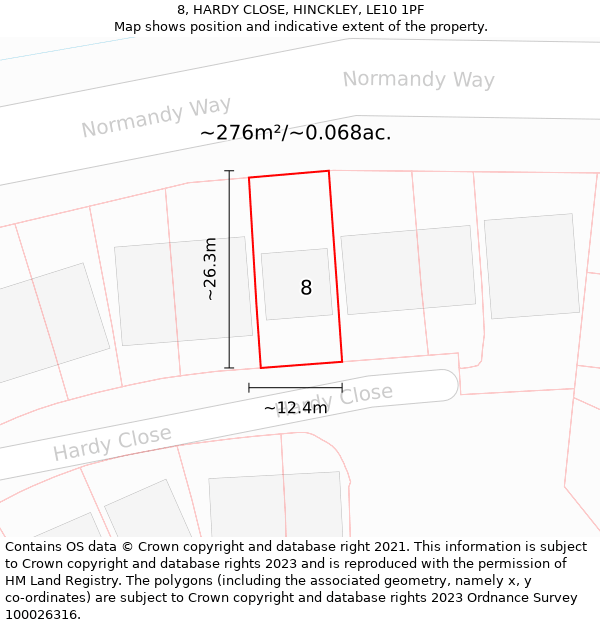 8, HARDY CLOSE, HINCKLEY, LE10 1PF: Plot and title map