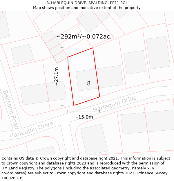 8, HARLEQUIN DRIVE, SPALDING, PE11 3GL: Plot and title map