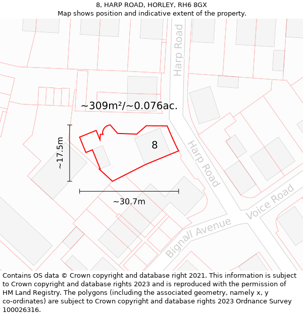 8, HARP ROAD, HORLEY, RH6 8GX: Plot and title map