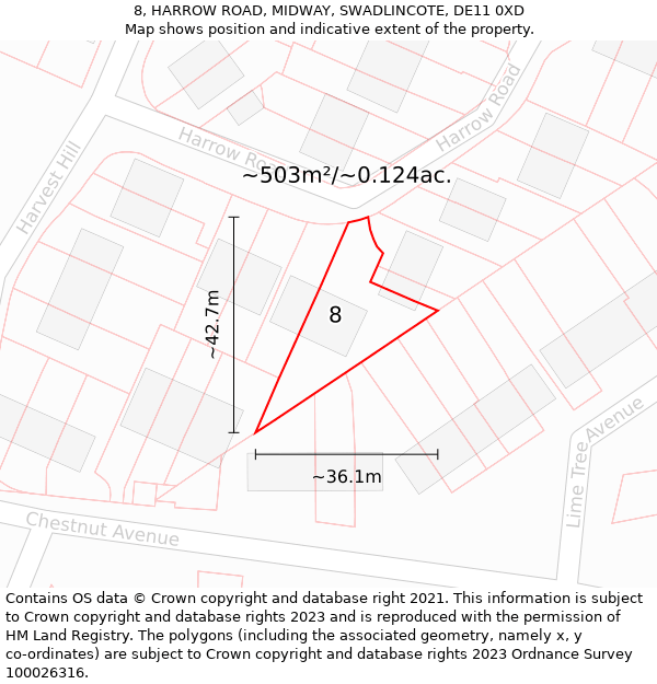 8, HARROW ROAD, MIDWAY, SWADLINCOTE, DE11 0XD: Plot and title map