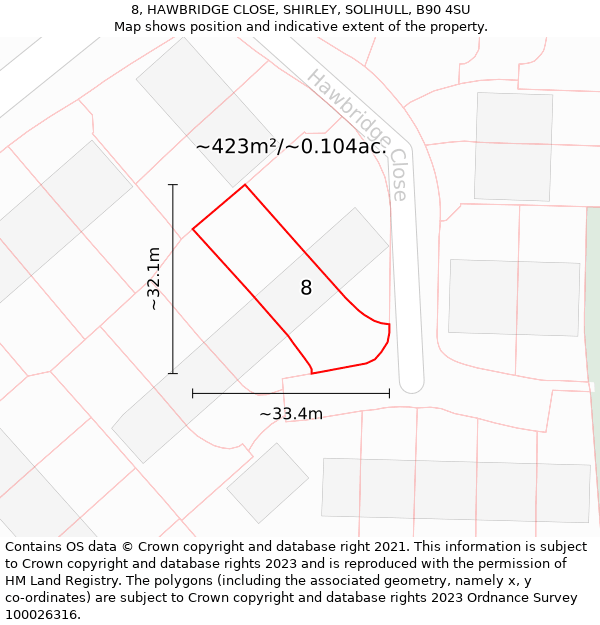 8, HAWBRIDGE CLOSE, SHIRLEY, SOLIHULL, B90 4SU: Plot and title map