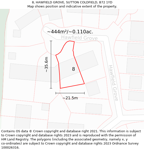 8, HAWFIELD GROVE, SUTTON COLDFIELD, B72 1YD: Plot and title map