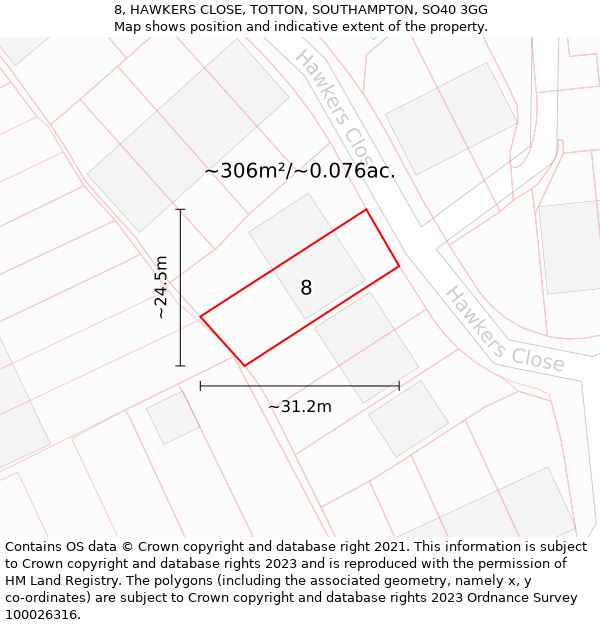 8, HAWKERS CLOSE, TOTTON, SOUTHAMPTON, SO40 3GG: Plot and title map