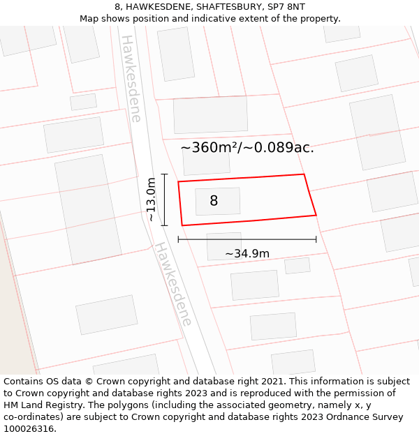 8, HAWKESDENE, SHAFTESBURY, SP7 8NT: Plot and title map