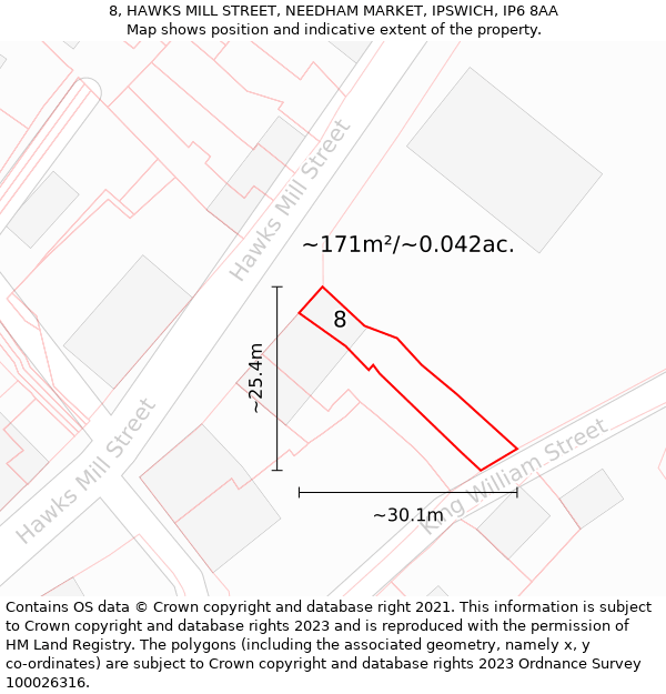 8, HAWKS MILL STREET, NEEDHAM MARKET, IPSWICH, IP6 8AA: Plot and title map