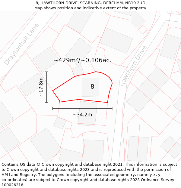 8, HAWTHORN DRIVE, SCARNING, DEREHAM, NR19 2UD: Plot and title map