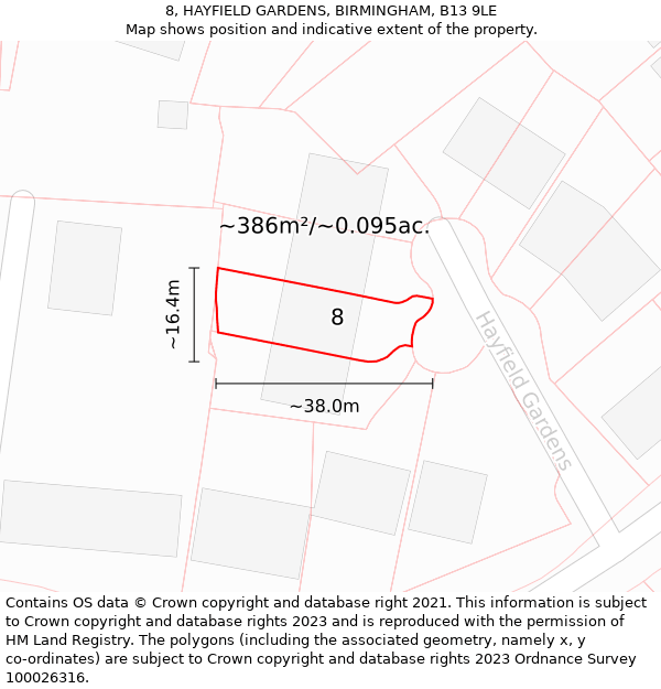 8, HAYFIELD GARDENS, BIRMINGHAM, B13 9LE: Plot and title map