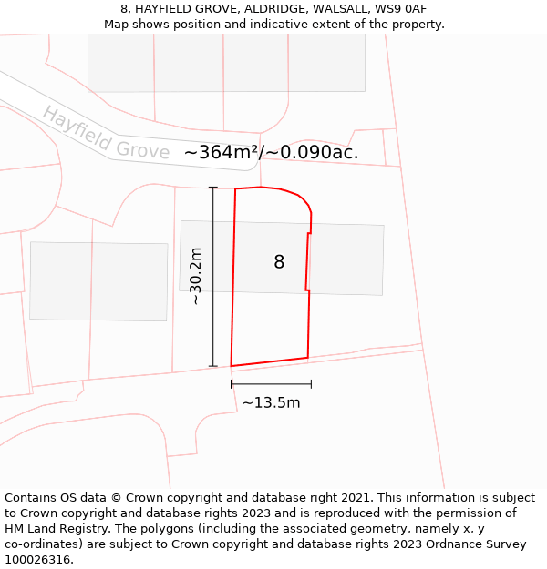 8, HAYFIELD GROVE, ALDRIDGE, WALSALL, WS9 0AF: Plot and title map