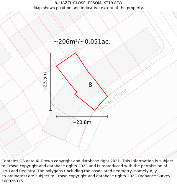 8, HAZEL CLOSE, EPSOM, KT19 8FW: Plot and title map