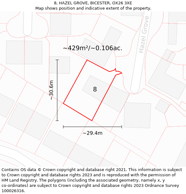 8, HAZEL GROVE, BICESTER, OX26 3XE: Plot and title map