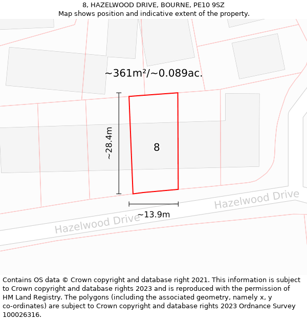 8, HAZELWOOD DRIVE, BOURNE, PE10 9SZ: Plot and title map