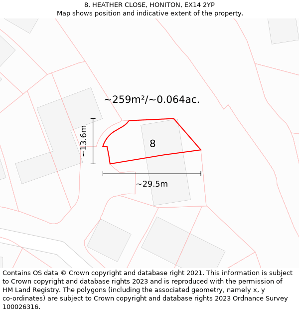 8, HEATHER CLOSE, HONITON, EX14 2YP: Plot and title map