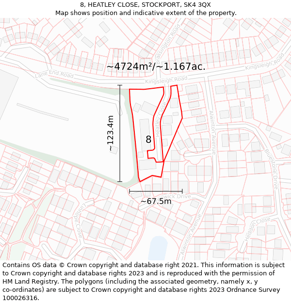 8, HEATLEY CLOSE, STOCKPORT, SK4 3QX: Plot and title map