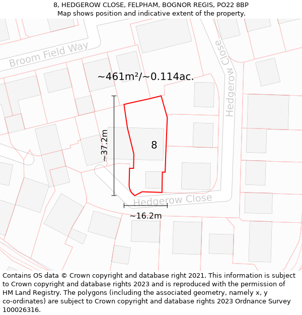 8, HEDGEROW CLOSE, FELPHAM, BOGNOR REGIS, PO22 8BP: Plot and title map