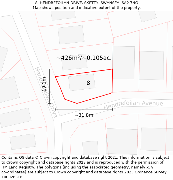 8, HENDREFOILAN DRIVE, SKETTY, SWANSEA, SA2 7NG: Plot and title map