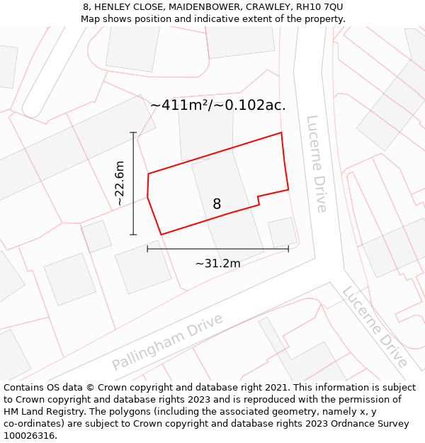 8, HENLEY CLOSE, MAIDENBOWER, CRAWLEY, RH10 7QU: Plot and title map