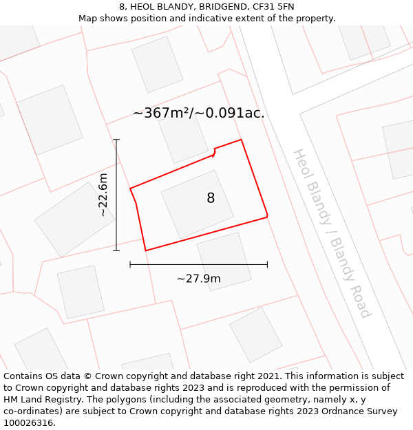 8, HEOL BLANDY, BRIDGEND, CF31 5FN: Plot and title map