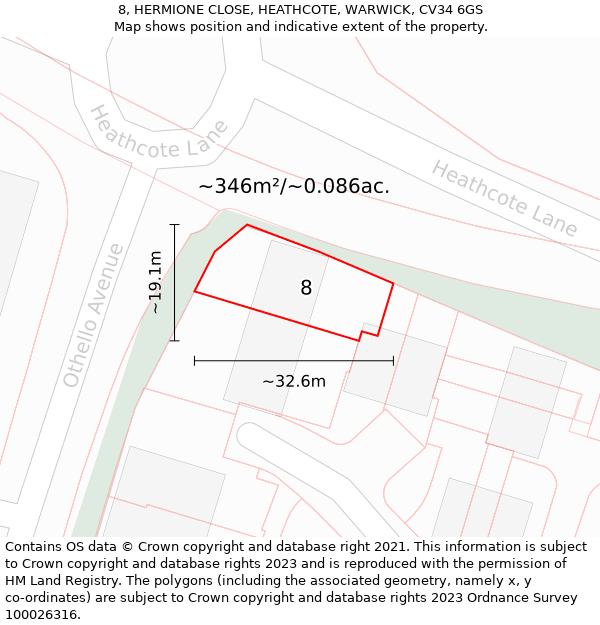 8, HERMIONE CLOSE, HEATHCOTE, WARWICK, CV34 6GS: Plot and title map