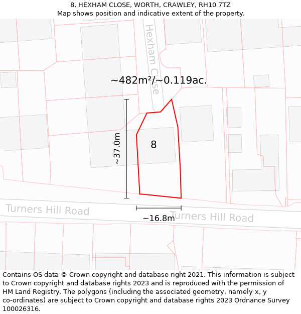 8, HEXHAM CLOSE, WORTH, CRAWLEY, RH10 7TZ: Plot and title map