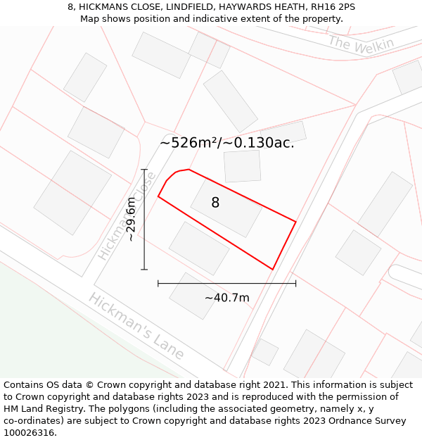 8, HICKMANS CLOSE, LINDFIELD, HAYWARDS HEATH, RH16 2PS: Plot and title map