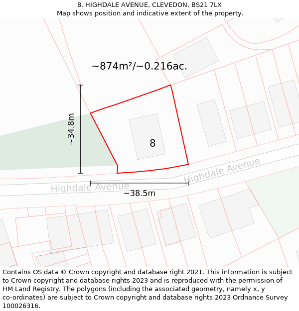 8, HIGHDALE AVENUE, CLEVEDON, BS21 7LX: Plot and title map