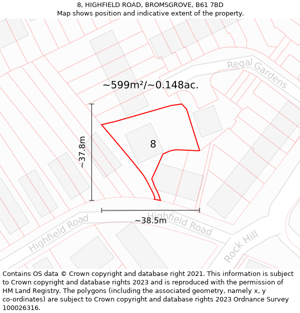 8, HIGHFIELD ROAD, BROMSGROVE, B61 7BD: Plot and title map