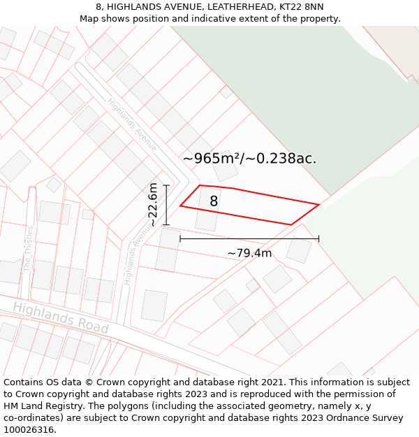 8, HIGHLANDS AVENUE, LEATHERHEAD, KT22 8NN: Plot and title map