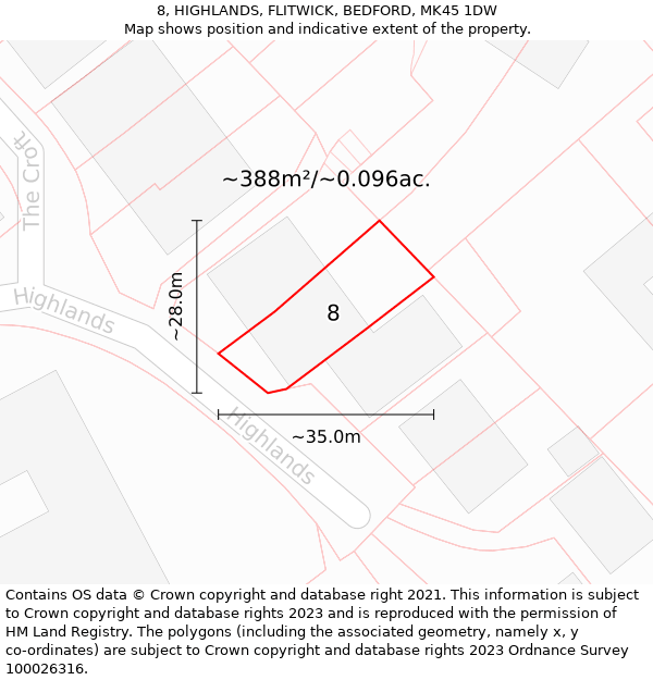 8, HIGHLANDS, FLITWICK, BEDFORD, MK45 1DW: Plot and title map