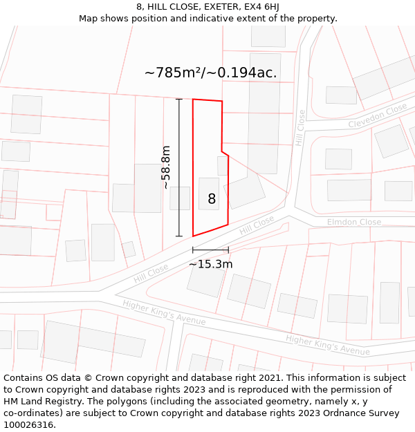 8, HILL CLOSE, EXETER, EX4 6HJ: Plot and title map