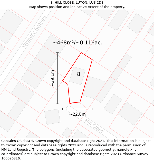 8, HILL CLOSE, LUTON, LU3 2DS: Plot and title map