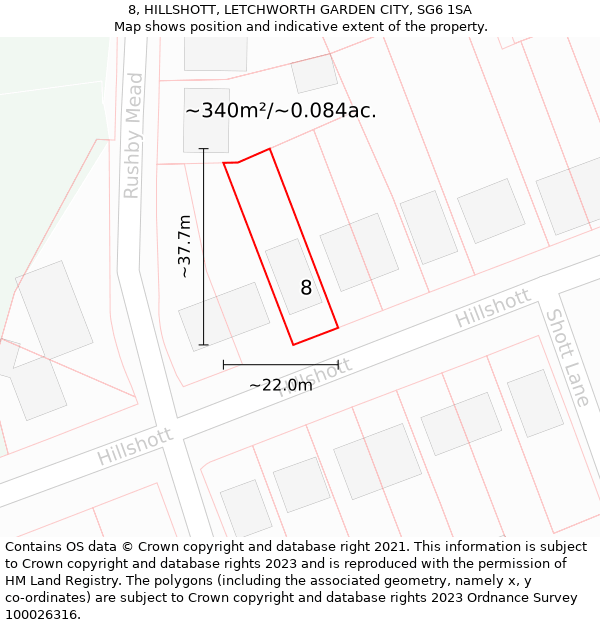 8, HILLSHOTT, LETCHWORTH GARDEN CITY, SG6 1SA: Plot and title map