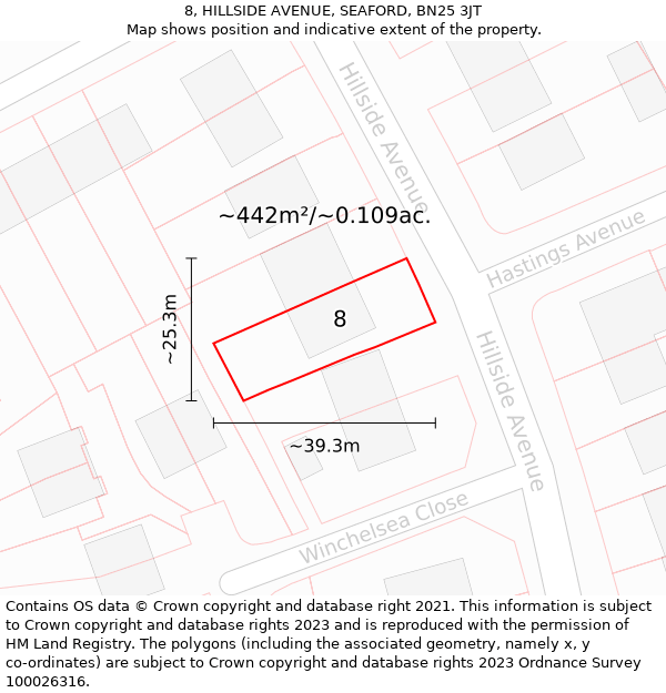 8, HILLSIDE AVENUE, SEAFORD, BN25 3JT: Plot and title map