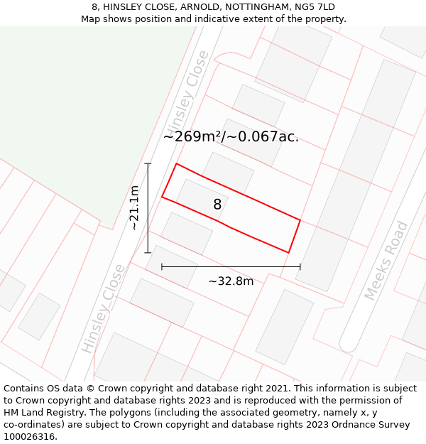 8, HINSLEY CLOSE, ARNOLD, NOTTINGHAM, NG5 7LD: Plot and title map