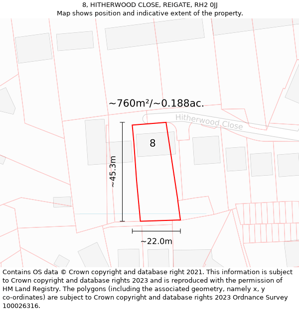 8, HITHERWOOD CLOSE, REIGATE, RH2 0JJ: Plot and title map