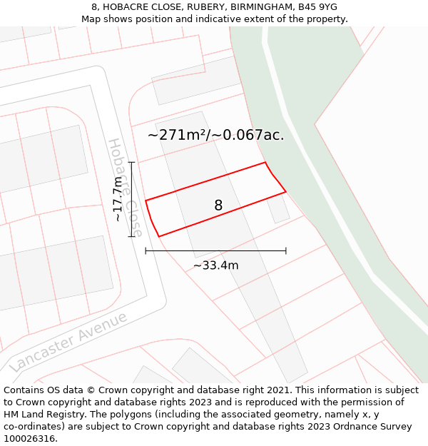 8, HOBACRE CLOSE, RUBERY, BIRMINGHAM, B45 9YG: Plot and title map