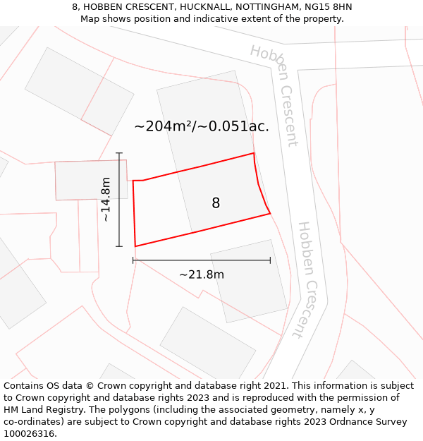 8, HOBBEN CRESCENT, HUCKNALL, NOTTINGHAM, NG15 8HN: Plot and title map