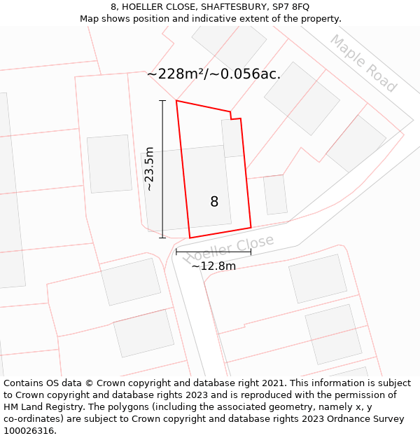 8, HOELLER CLOSE, SHAFTESBURY, SP7 8FQ: Plot and title map