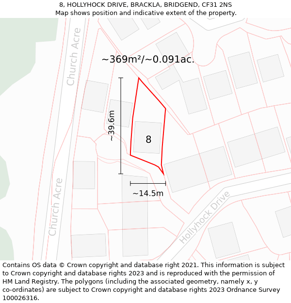 8, HOLLYHOCK DRIVE, BRACKLA, BRIDGEND, CF31 2NS: Plot and title map