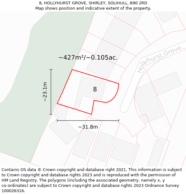 8, HOLLYHURST GROVE, SHIRLEY, SOLIHULL, B90 2RD: Plot and title map