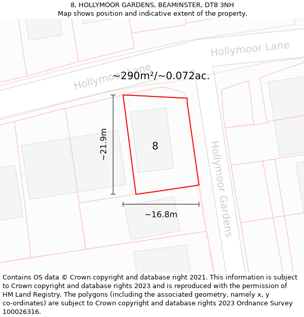 8, HOLLYMOOR GARDENS, BEAMINSTER, DT8 3NH: Plot and title map