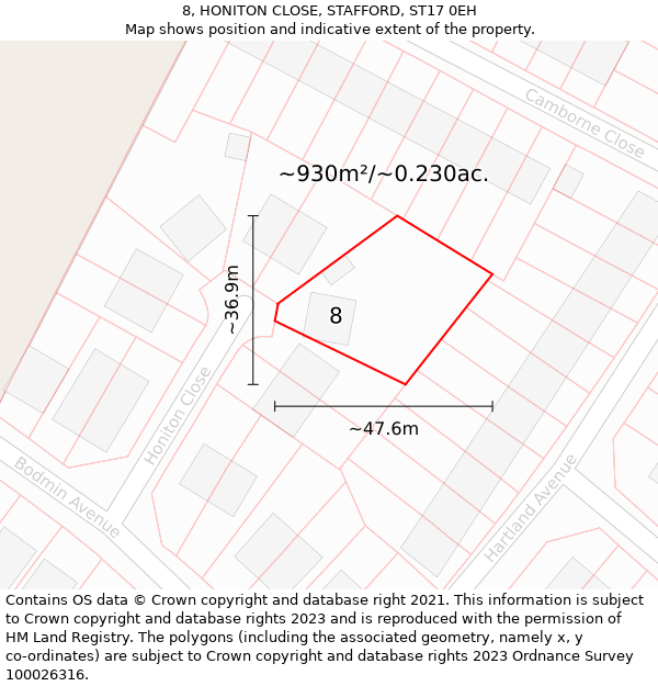 8, HONITON CLOSE, STAFFORD, ST17 0EH: Plot and title map