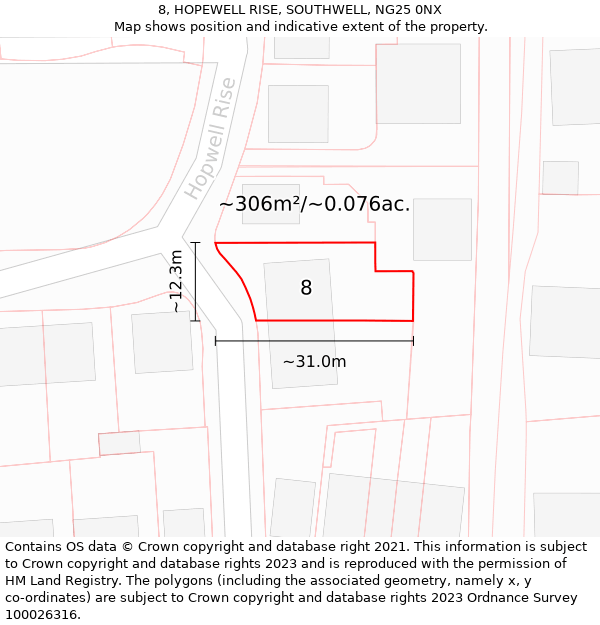 8, HOPEWELL RISE, SOUTHWELL, NG25 0NX: Plot and title map