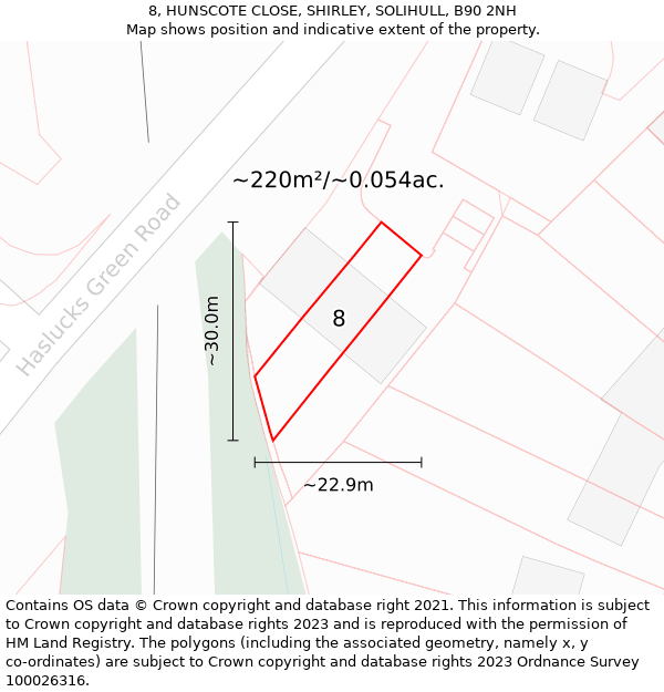 8, HUNSCOTE CLOSE, SHIRLEY, SOLIHULL, B90 2NH: Plot and title map