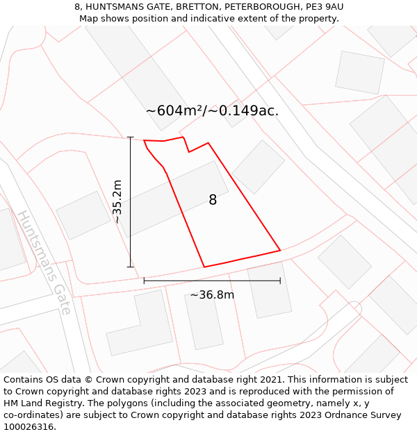 8, HUNTSMANS GATE, BRETTON, PETERBOROUGH, PE3 9AU: Plot and title map