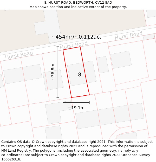 8, HURST ROAD, BEDWORTH, CV12 8AD: Plot and title map