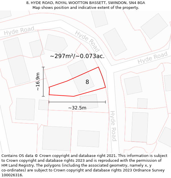 8, HYDE ROAD, ROYAL WOOTTON BASSETT, SWINDON, SN4 8GA: Plot and title map