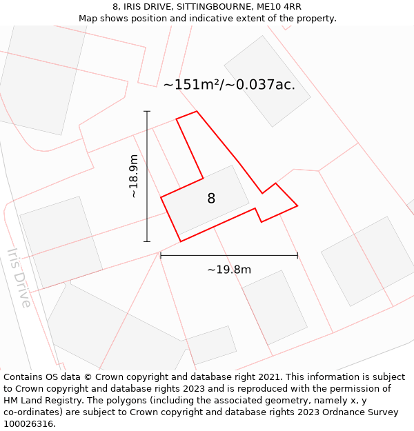 8, IRIS DRIVE, SITTINGBOURNE, ME10 4RR: Plot and title map